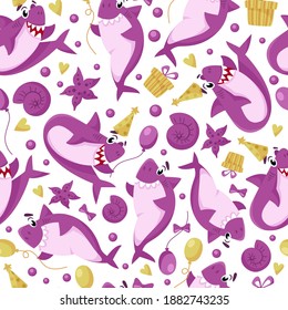 Baby Shark birthday seamless pattern - cartoon birthday party seamless digital paper, vector nursery cute nautical or undersea animal background for kids textile, scrapbooking, wrapping paper