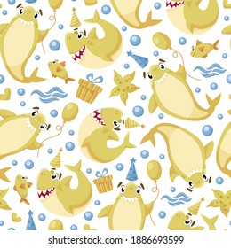 Baby Shark birthday seamless pattern - cartoon birthday party seamless digital paper, vector nursery cute nautical or undersea animal background for kids textile, scrapbooking, wrapping paper