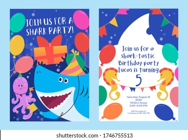 Baby shark colourful party invitation template vector illustration. Join us for shark party flat style. Bright decor. Child happy birthday concept. Isolated on blue background