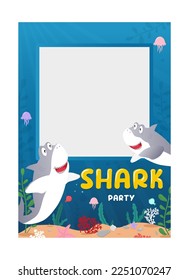 Baby shark party photo frame background. Undersea Birthday party poster template. Vector illustration photo booth props with cute cartoon sharks and colorful seabed background.