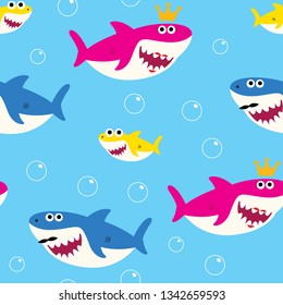 Baby Shark Seamless Pattern Vector Drawing Cute For Kids Blue Background