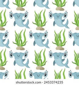 Baby shark seamless vector pattern. A funny wild hammerhead swims among the reef seaweed. Cute underwater animal on the seabed. Cartoon ocean fish smiles, waves its fin. Marine background for kids