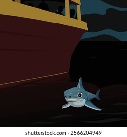 a baby shark swimming beside a boat (6) EPS vector illustrator