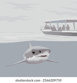 a baby shark swimming beside a boat (7).eps vector illustrator