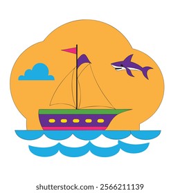 a baby shark swimming beside a boat (8).eps vector illustrator