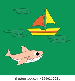 a baby shark swimming beside a boat (9).eps vector illustration