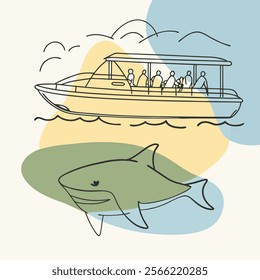 a baby shark swimming beside a boat (11)EPS, vector illustrator 