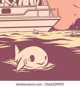 a baby shark swimming beside a boat (13) vector, illustrator 