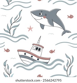 a baby shark swimming beside a boat (20) vector art.