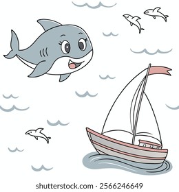 a baby shark swimming beside a boat (21) vector art.