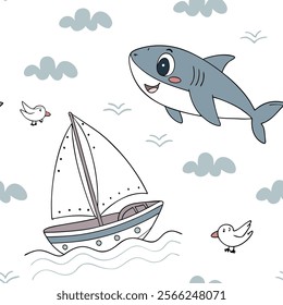 a baby shark swimming beside a boat (22) vector art.