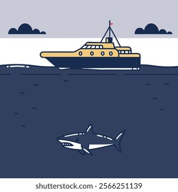 a baby shark swimming beside a boat (24) vector art.
