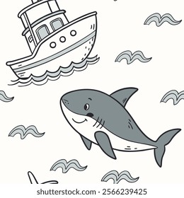 a baby shark swimming beside a boat(17) vector art.