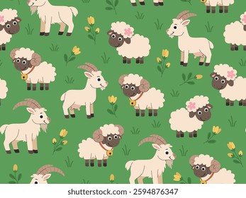 Baby sheep and lamb cartoon seamless pattern. Small cattle grazing on green meadow background. Cute village animals. Summer children's farm background.