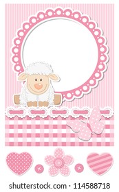 Baby sheep pink scrapbook elements set with frame and hearts