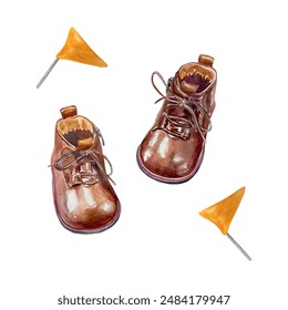 Baby shoes, flags, watercolor. Brown boots and orange triangles. Vector illustration. Baby shower cards, invitations, labels, large banners, posters.