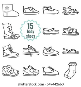 Baby shoes icons set Shoes for summer   winter Isolated vector illustration white background 