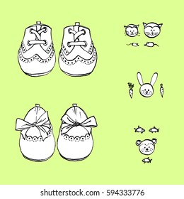 Baby shoes for little boy and girl. Hand drawn vector set for shower card