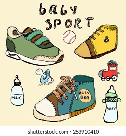 Baby shoes set sketch hand drawn in color.