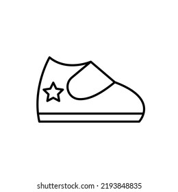 Baby Shoes With A Star Outline Vector Icon. EPS 10. Little Newborn Boots Symbol. Children Sneakers.. Kids Shoe On White. Isolated Booties Line Sign.. For App, Banner, Web, Design, Dev, Ui, Ux, Print.