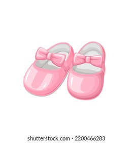 Ilustración vectorial de zapatos para bebés. Caricatura aislada lindos zapatos de ballet rosado para el pie de la niña, zapato de la pareja de moda con arco y cinta para el recién nacido, botes retro de verano para niños que caminan