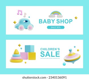 Pancartas publicitarias de una tienda de bebés con adorables elementos 3d, ilustración vectorial. Venta de tiendas para niños. Juguetes para niños - coche, trompa, cubos y pirámide.