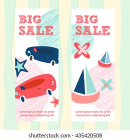 Baby shop discounts. Cute hand drawn banners. Baby toys, clothes