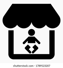 Baby and shop icon. Goods for kids. Sale of goods for babies. Children's online store. Vector icon.