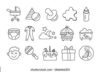 Baby shop icons: thin linear icon set, black and white set. Icons for the newborn. Carriage, pacifier, bottle, diaper, crib, toys, rattle, pregnancy, baby bathing