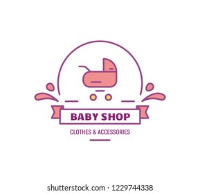 Baby shop logo. Baby carriage on logotype and text. Emblem store with stuff for kids. Thin line style illustration. Line style illustration.