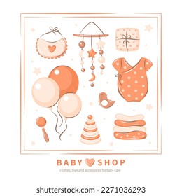 Baby shop logo. Children's toys, playing, childhood, baby care, clothes and shoes. Vector illustration kid's store for poster, banner or card.