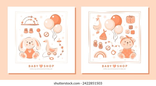 Baby shop logo. Children's toys, playing, childhood, baby care, clothes and shoes. Vector illustration kid's store for poster, banner or card.