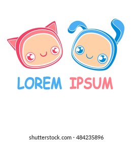 Baby shop logo. Cute baby pink cat and blue bunny, pretty face with big eyes, isolated, vector