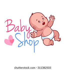 Baby shop logo. Cute toddler in diaper. Vector illustration on a white background.