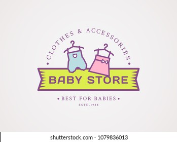 Baby shop logo. Vector symbol with children's clothes - pink dress for girl and blue jumpsuit for boy. Cute design isolated on white background.