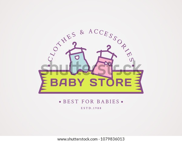 Baby shop logo. Vector symbol with children\'s\
clothes - pink dress for girl and blue jumpsuit for boy. Cute\
design isolated on white\
background.
