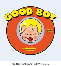 Baby shop logo, vintage cartoon style children smiling face, vector illustration