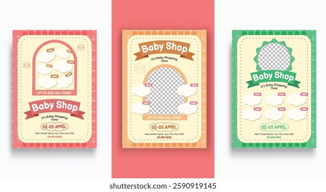 Baby shop product promotion flyer template. Editable kids flyer with discounts. Minimalist layout poster for baby shop