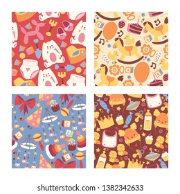 Baby shop seamless pattern vector cartoon kids clothing toys and newborn garment child clothes bodysuit apparel for children advertising banner set backdrop illustration background.