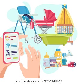 Baby shop at smartphone app, buy things for newborn child online, vector illustration. Purchase in mobile digital store to care infant kid.