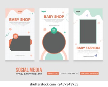 Babyshop Social Media Stories Vorlage. Modernes und farbenfrohes Babygeschäft Story Design. Abstraktes minimalistisches Babygeschichten-Designkonzept. EPS-Vektorillustration.