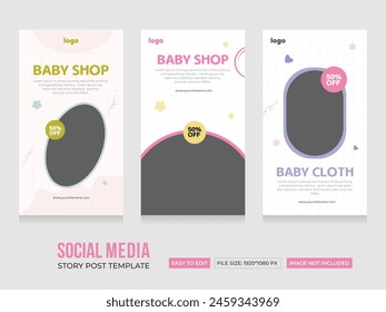 Babyshop Social Media Stories Vorlage. Modernes und farbenfrohes Babygeschäft Story Design. Abstraktes minimalistisches Babygeschichten-Designkonzept. EPS-Vektorillustration.