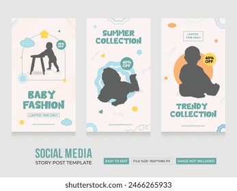 In: Baby Shop Social Media Stories Post. Moderne und kreative Babyshop-Geschichte-Vorlage. Abstraktes minimalistisches Babygeschichtenkonzept. EPS-Vektorillustration.