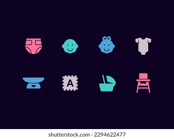 Baby shopping goods vector icon set. Newborn baby and infant accessories, toys, clothing icons.