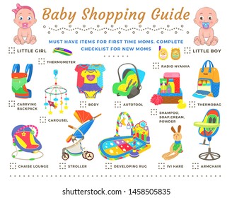 Baby shopping guide. Items for first time moms. Colorful complete checklist for new mommies. Developing rug, radio nyanya, carrying bag, stroller vector. Objects for newborn baby. Guide for new mother