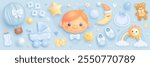 Baby shower 3d elements set isolated on background. It a boy decoration. Baby birth vector clipart. Cartoon toys, rainbow, balloons illustration. Greeting card, invitation, banner design template