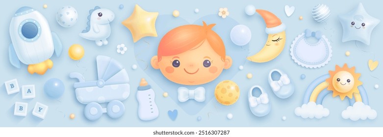 Baby shower 3d elements set isolated on background. It a boy decoration. Baby birth vector clipart. Cartoon toys, rainbow, rocket illustration. Greeting card, invitation, banner design template