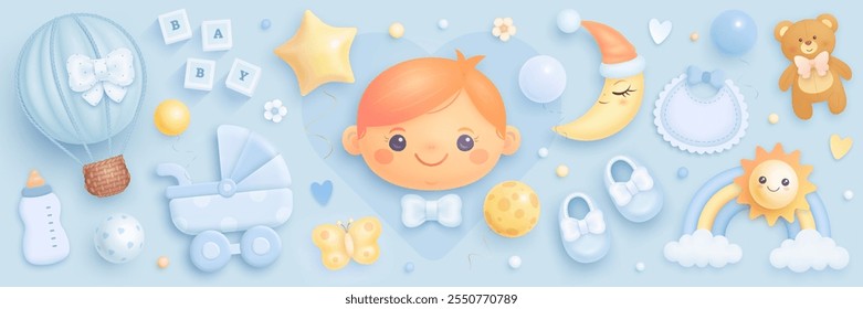 3D-Elemente der Babydusche einzeln auf Hintergrund. Es ist eine Dekoration für Jungen. Geburtsvektor-Clipart für Babys. Cartoon Spielzeug, Regenbogen, Ballons Illustration. Grußkarte, Einladung, Bannerdesign-Vorlage