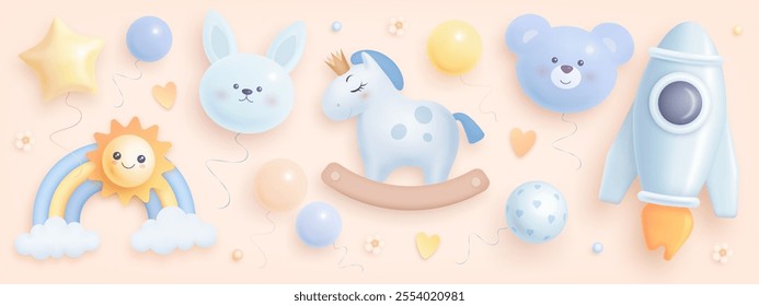 Baby shower 3d elements set isolated on background. It a boy decoration. Baby birth vector clipart. Cartoon toys, rainbow, balloons illustration. Greeting card, invitation, banner design template