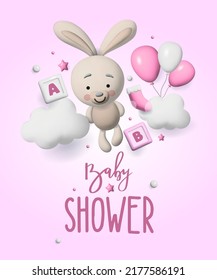 Baby shower 3d space. Banner poster on Baby shower in render style. Lettering baby. illustration in 3 d style.